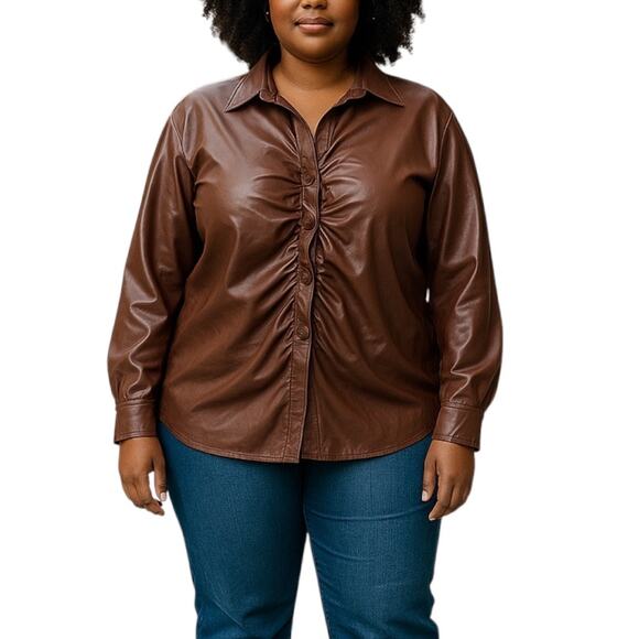 NWT Fashion Nova Jolie & Joy Brown Button Down Women's Faux Leather Top 3X - Picture 1 of 9